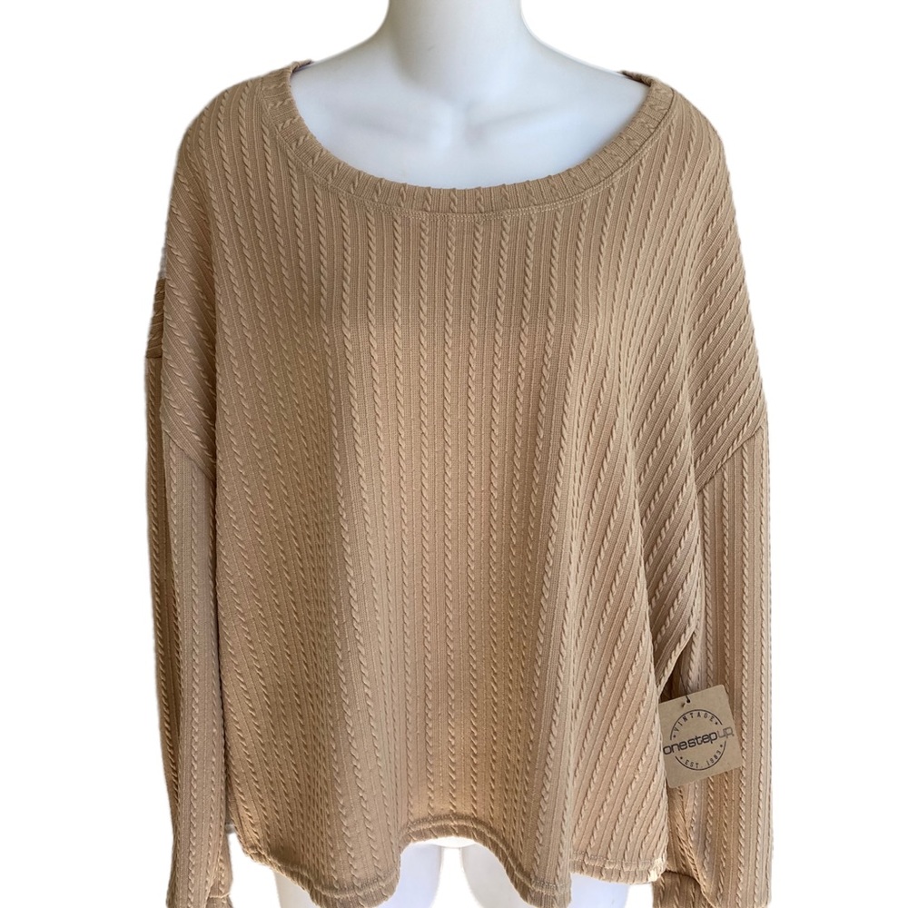 NWT One Step Up 2X Junior Ladies 3/4 Sleeve Top Tan Ribbed Pattern